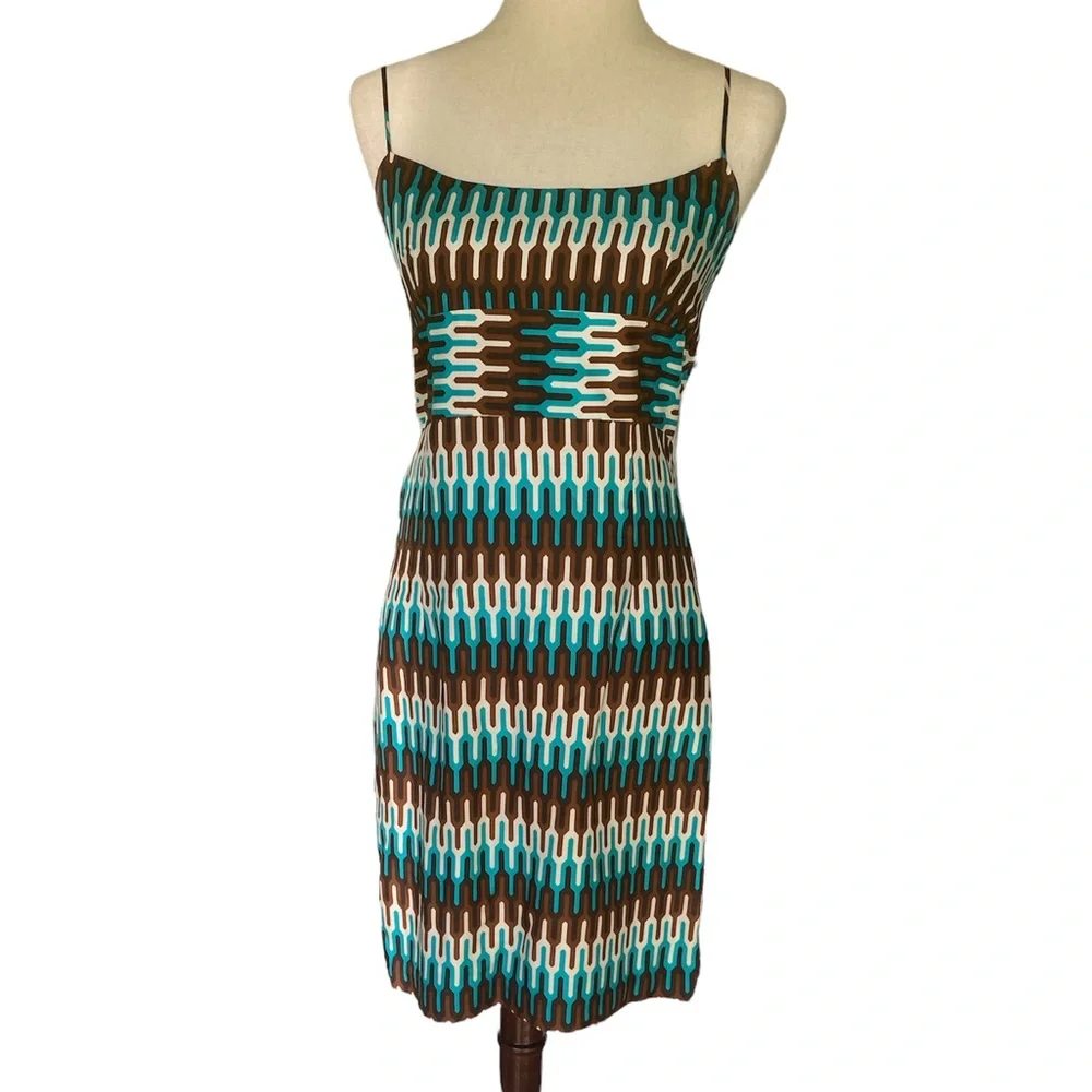 Milly of NY Silk Teal Green Brown Geometric Sheath Slip Column Dress - 6